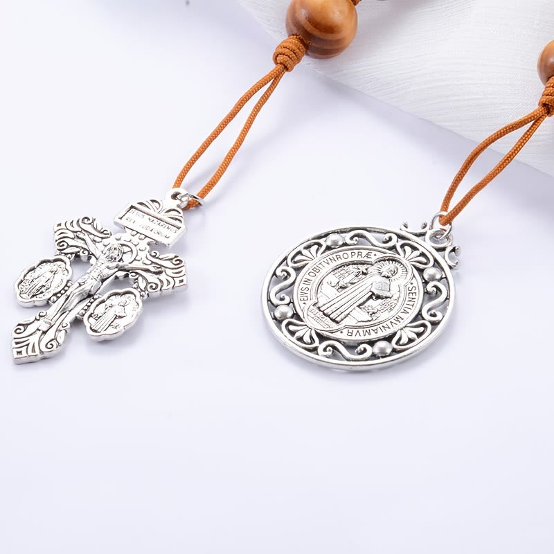 Christianartworkshop Antique Silver Holy Medal Wooden Rosary Car Pendant: Emblem of Gentle Travel Divine Grace - image 6