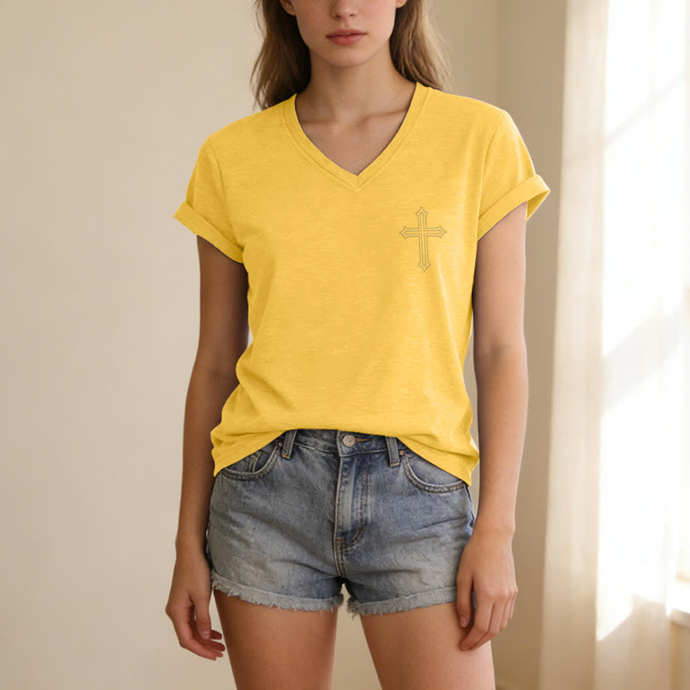 Christianartworkshop Pray On It Side Knot Rolled Sleeve Women's V Neck Tee - image 47
