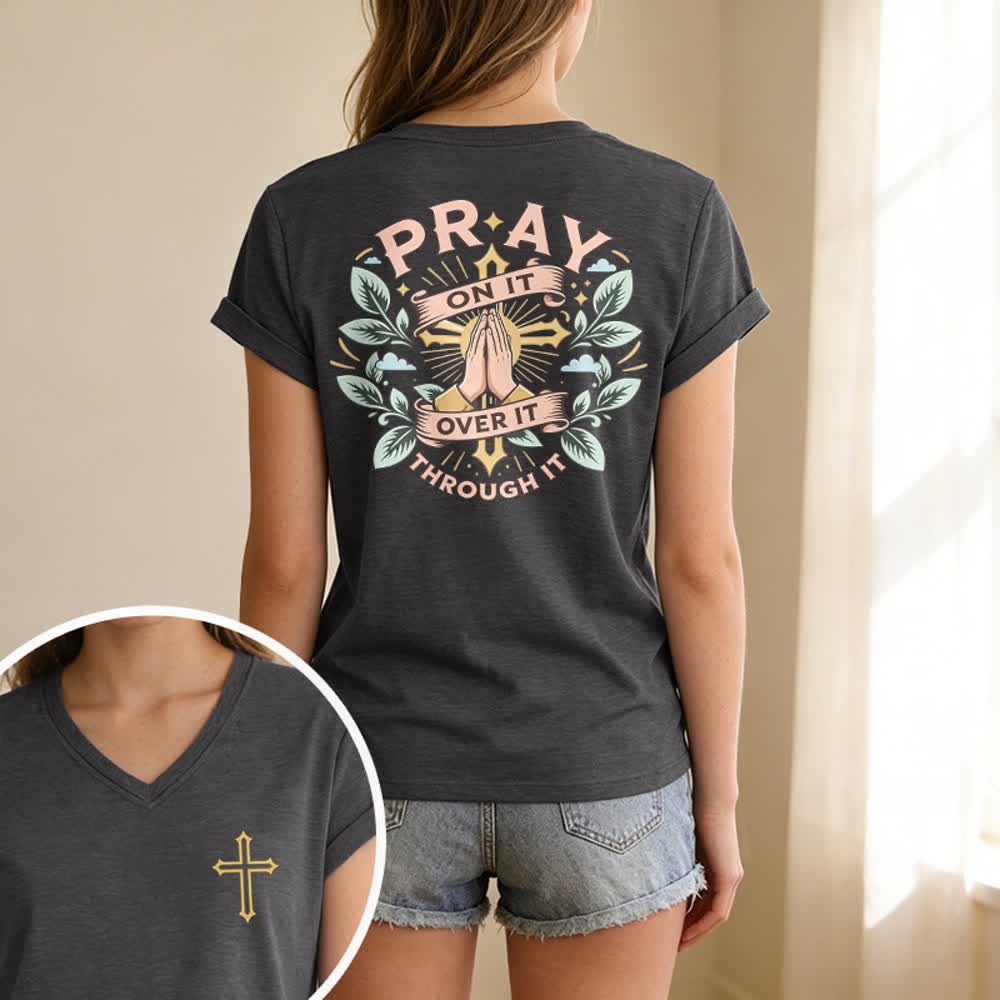 Christianartworkshop Pray On It Side Knot Rolled Sleeve Women's V Neck Tee - image 33