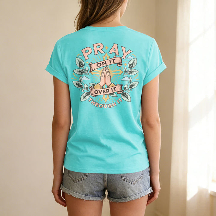 Christianartworkshop Pray On It Side Knot Rolled Sleeve Women's V Neck Tee - image 22