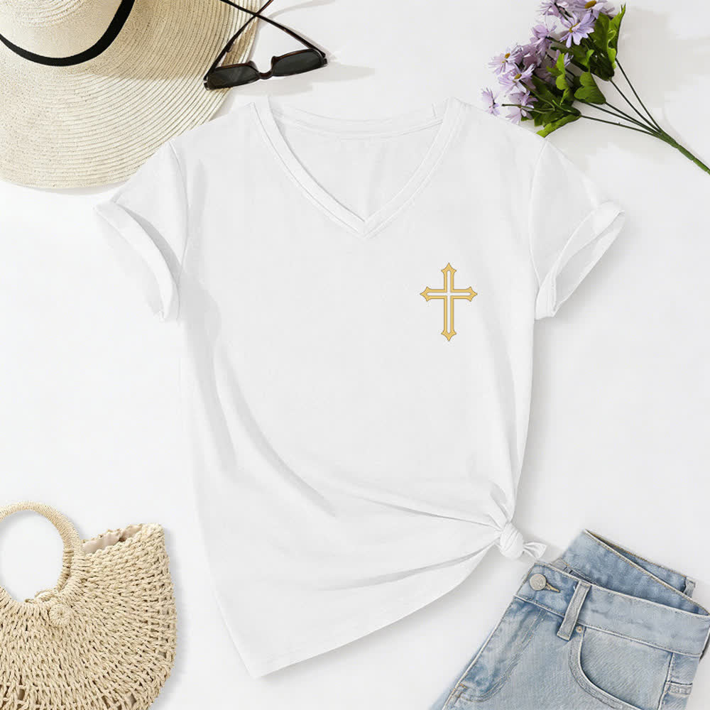 Christianartworkshop Pray On It Side Knot Rolled Sleeve Women's V Neck Tee - image 8