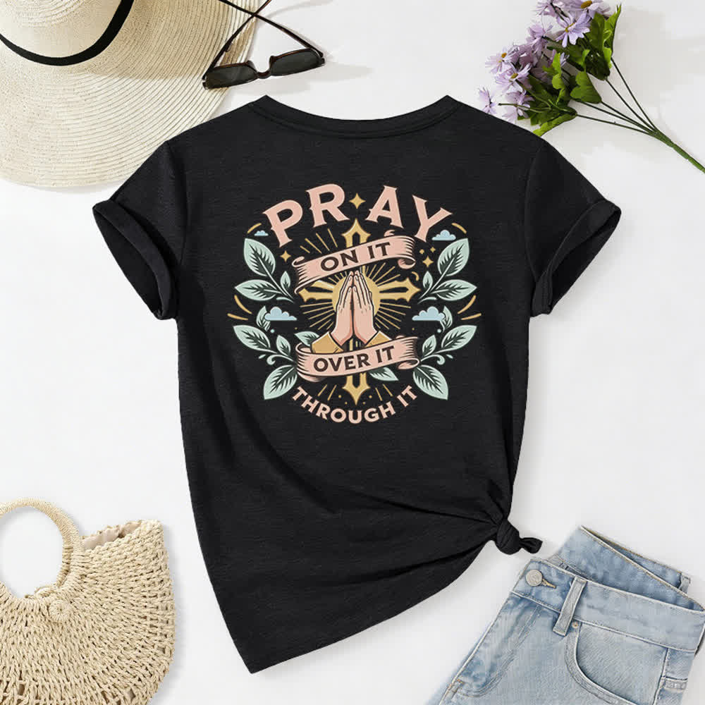 Christianartworkshop Pray On It Side Knot Rolled Sleeve Women's V Neck Tee - image 1