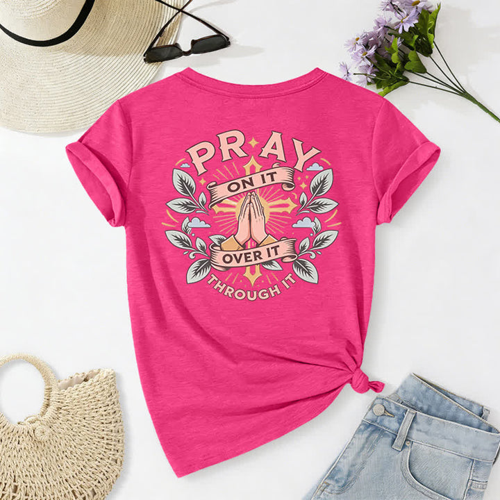 Christianartworkshop Pray On It Side Knot Rolled Sleeve Women's V Neck Tee - image 73