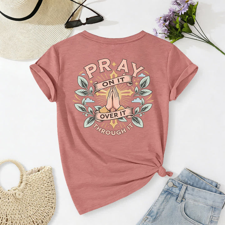 Christianartworkshop Pray On It Side Knot Rolled Sleeve Women's V Neck Tee - image 25