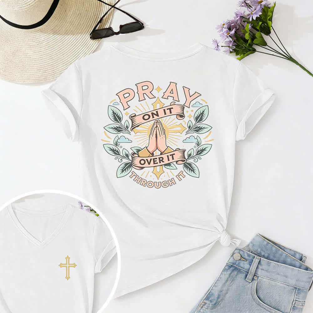 Christianartworkshop Pray On It Side Knot Rolled Sleeve Women's V Neck Tee - White - 2XL - image 6