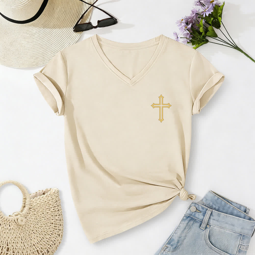 Christianartworkshop Pray On It Side Knot Rolled Sleeve Women's V Neck Tee - image 14