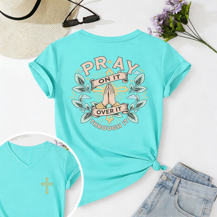 Christianartworkshop Pray On It Side Knot Rolled Sleeve Women's V Neck Tee - Blue - 2XL - image 18
