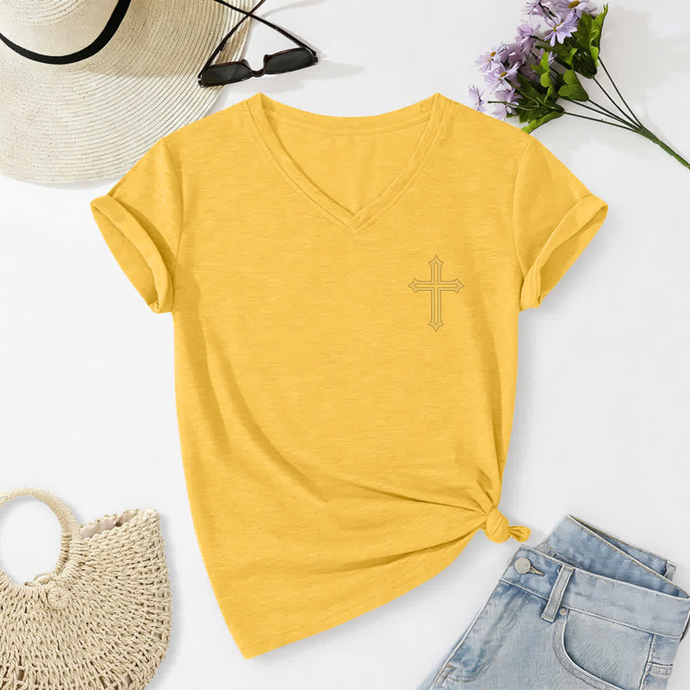 Christianartworkshop Pray On It Side Knot Rolled Sleeve Women's V Neck Tee - image 44