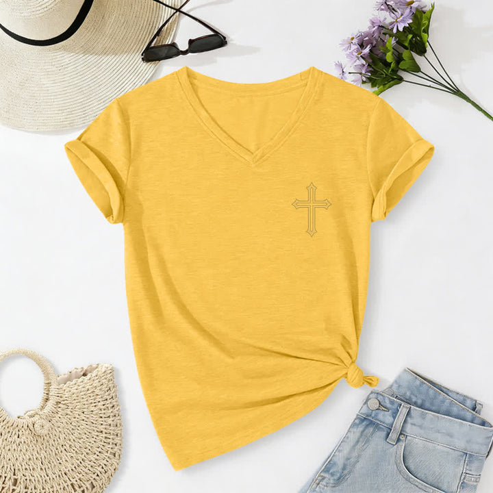 Christianartworkshop Pray On It Side Knot Rolled Sleeve Women's V Neck Tee - image 44
