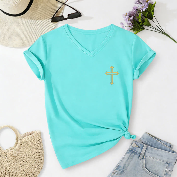 Christianartworkshop Pray On It Side Knot Rolled Sleeve Women's V Neck Tee - image 20