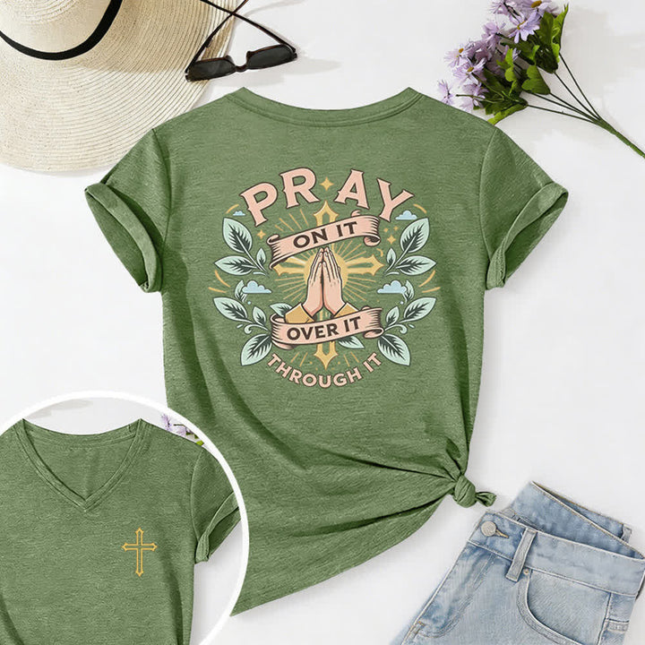 Christianartworkshop Pray On It Side Knot Rolled Sleeve Women's V Neck Tee - Green - 2XL - image 60