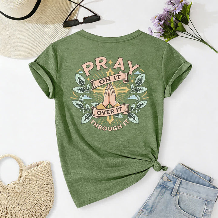 Christianartworkshop Pray On It Side Knot Rolled Sleeve Women's V Neck Tee - image 61