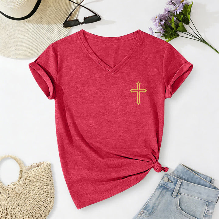 Christianartworkshop Pray On It Side Knot Rolled Sleeve Women's V Neck Tee - image 68