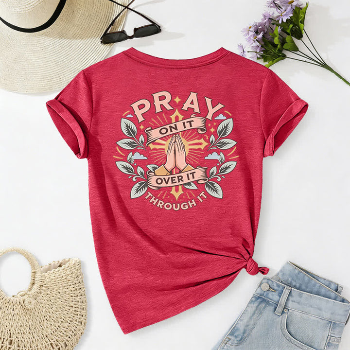 Christianartworkshop Pray On It Side Knot Rolled Sleeve Women's V Neck Tee - image 67