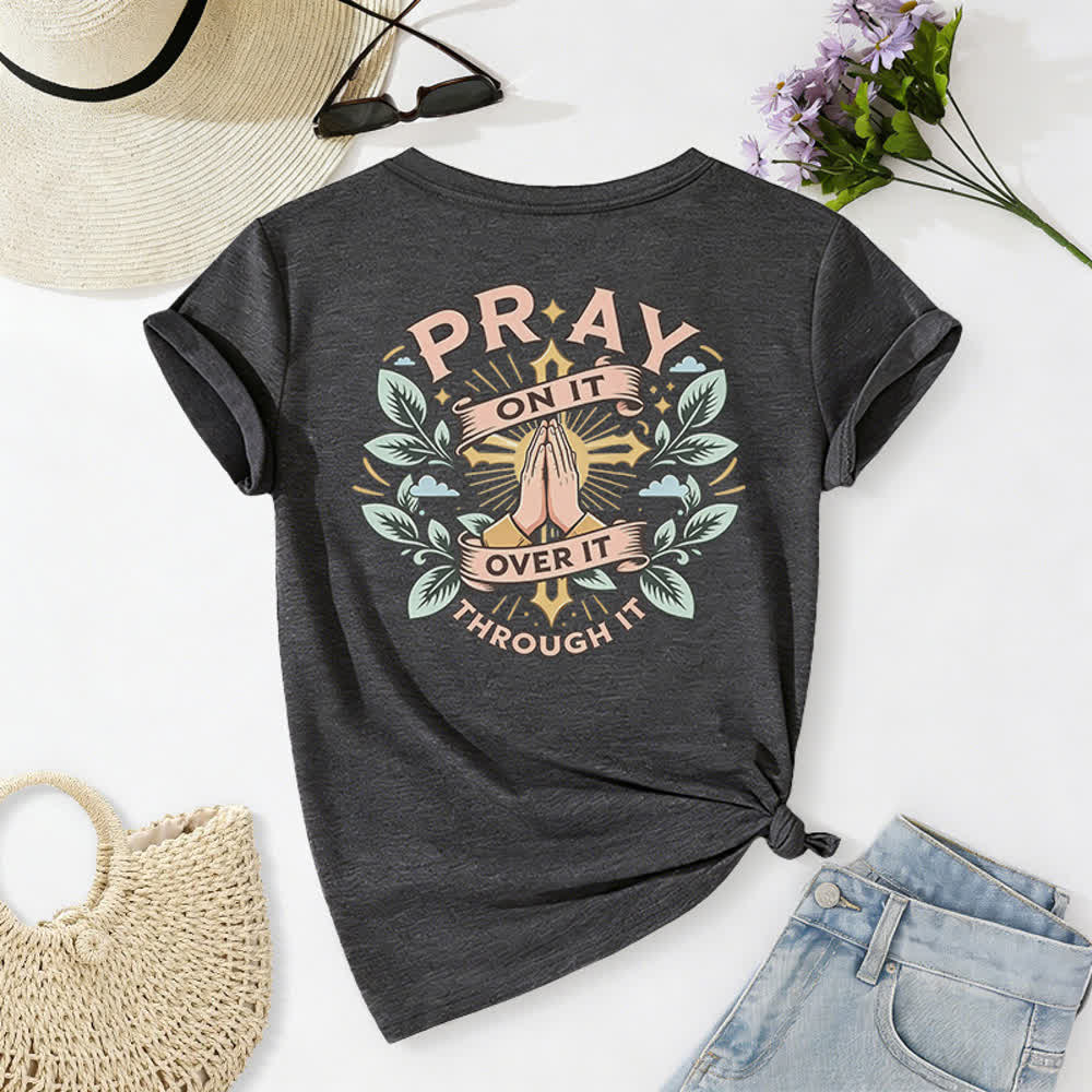 Christianartworkshop Pray On It Side Knot Rolled Sleeve Women's V Neck Tee - image 31