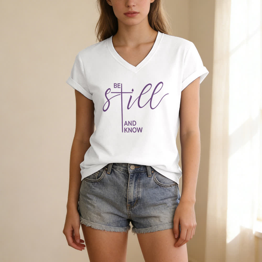 Christianartworkshop Be Still And Know Heather Purple Women's V Neck Tee - image 3