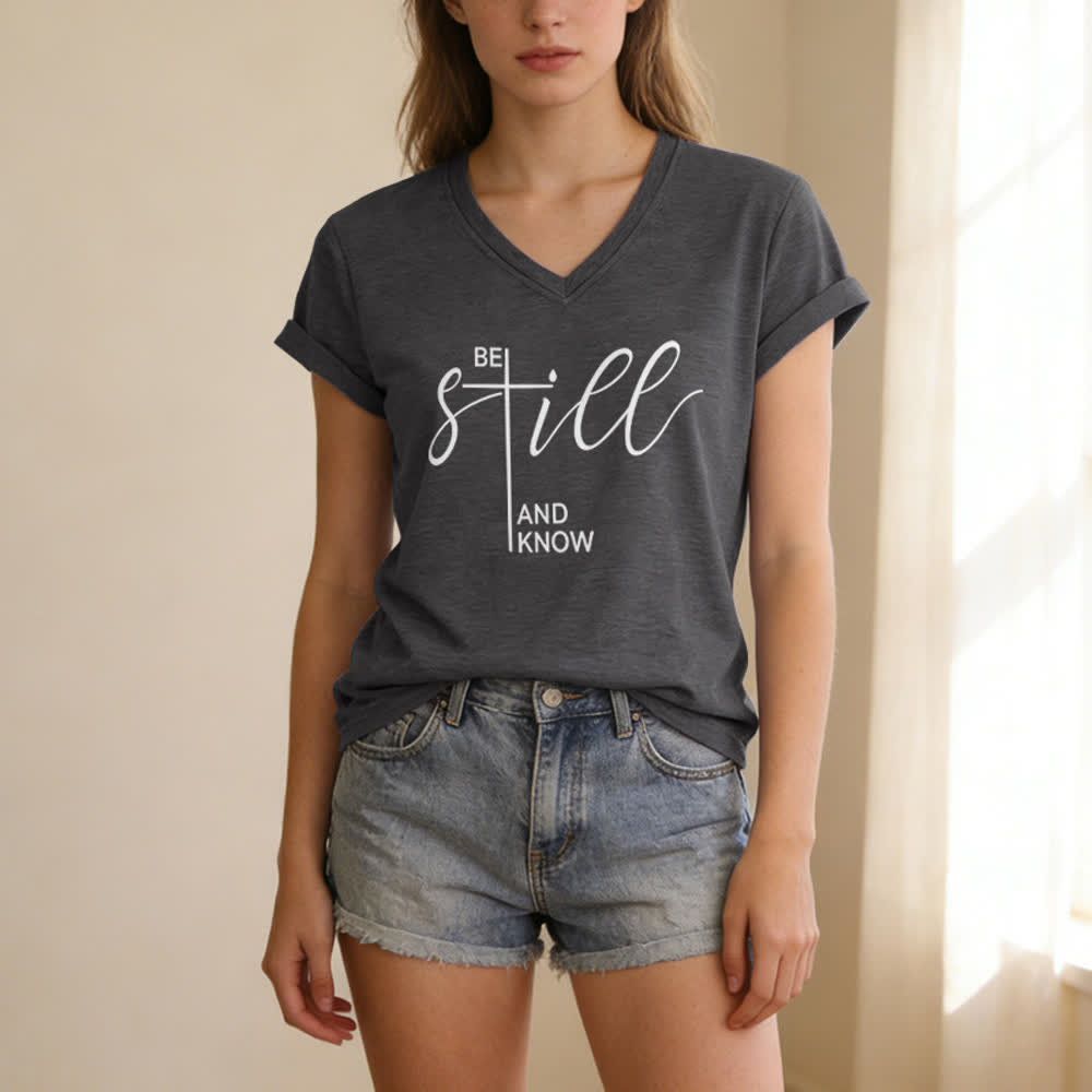 Christianartworkshop Be Still And Know Heather Purple Women's V Neck Tee - image 9