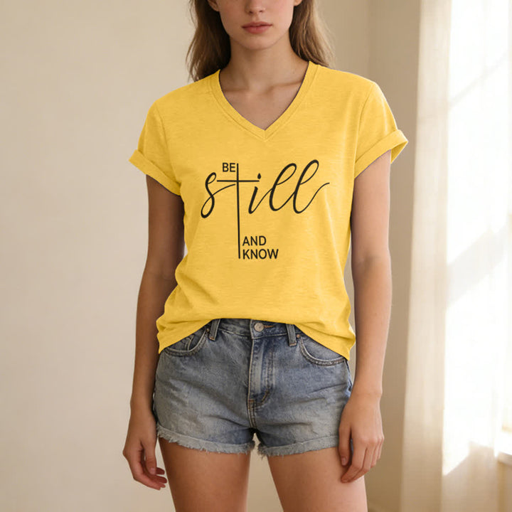 Christianartworkshop Be Still And Know Heather Purple Women's V Neck Tee - image 25