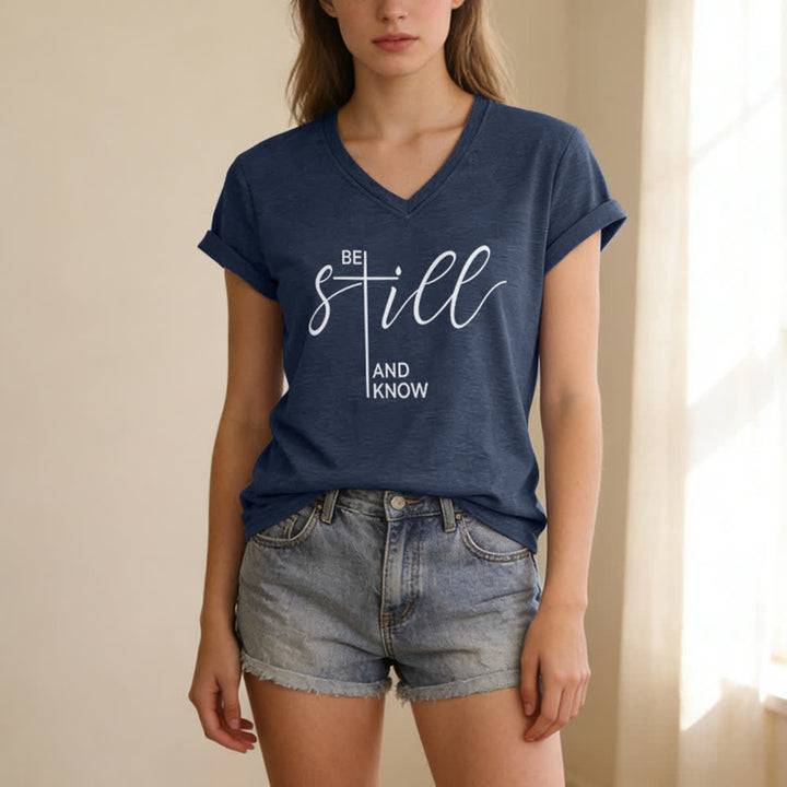 Christianartworkshop Be Still And Know Heather Purple Women's V Neck Tee - image 11