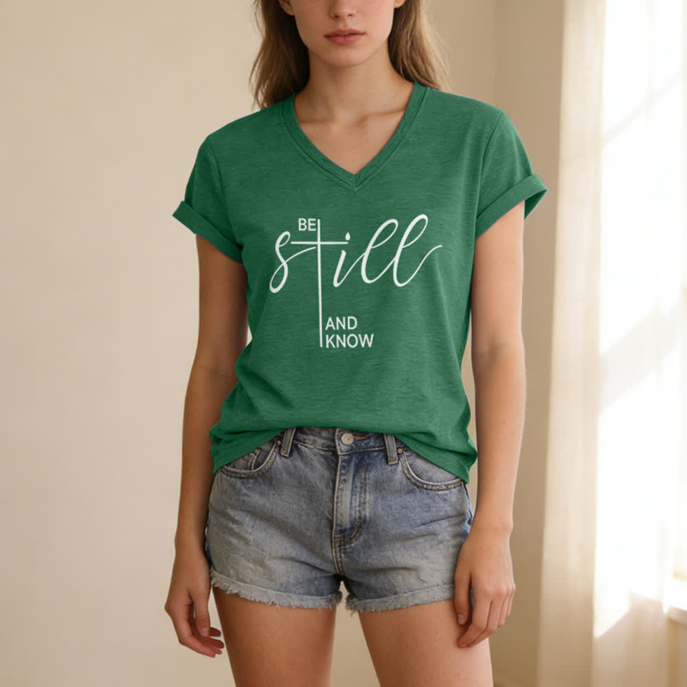 Christianartworkshop Be Still And Know Heather Purple Women's V Neck Tee - image 21
