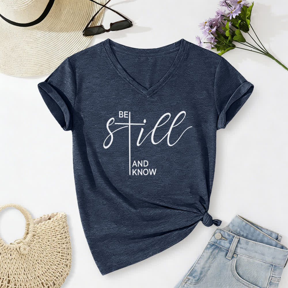 Christianartworkshop Be Still And Know Heather Purple Women's V Neck Tee - Navy Blue - 2XL - image 10