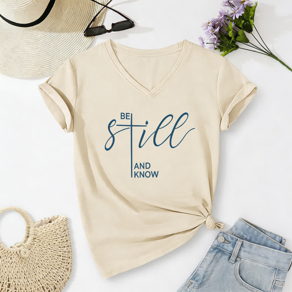 Christianartworkshop Be Still And Know Heather Purple Women's V Neck Tee - Beige - 2XL - image 14
