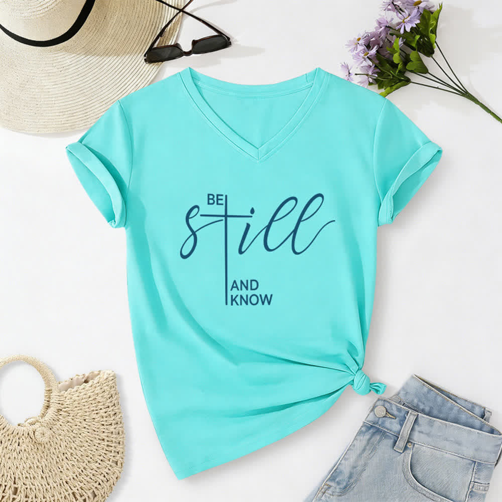 Christianartworkshop Be Still And Know Heather Purple Women's V Neck Tee - Blue - 2XL - image 12