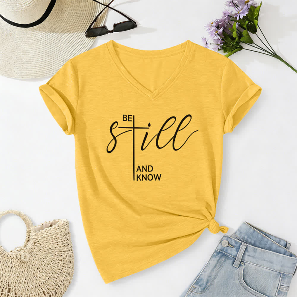 Christianartworkshop Be Still And Know Heather Purple Women's V Neck Tee - Yellow - 2XL - image 24
