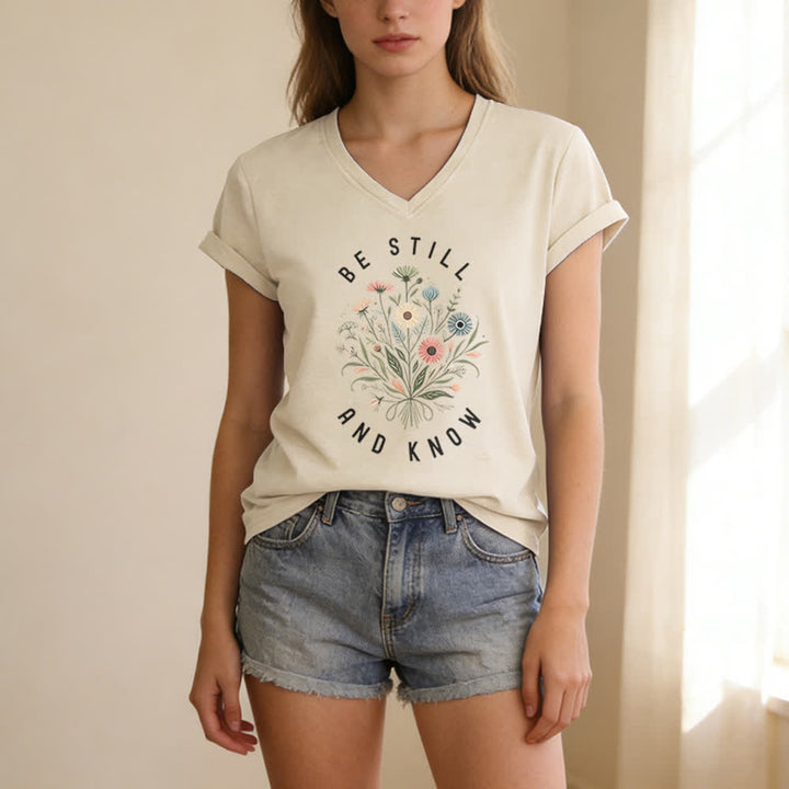 Christianartworkshop Be Still And Know Floral Knot Hem Women's V Neck Tee - image 7