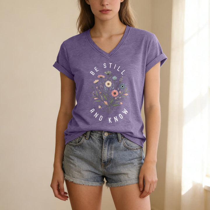 Christianartworkshop Be Still And Know Floral Knot Hem Women's V Neck Tee - image 21
