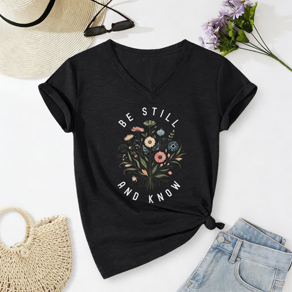 Christianartworkshop Be Still And Know Floral Knot Hem Women's V Neck Tee - Black - 2XL - image 12