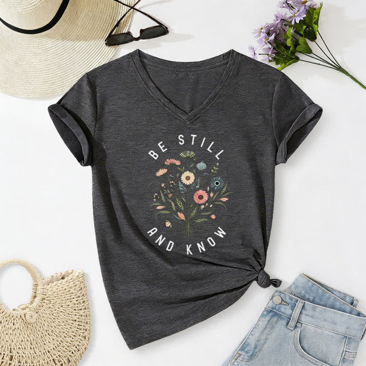 Christianartworkshop Be Still And Know Floral Knot Hem Women's V Neck Tee - Dark Grey - 2XL - image 2