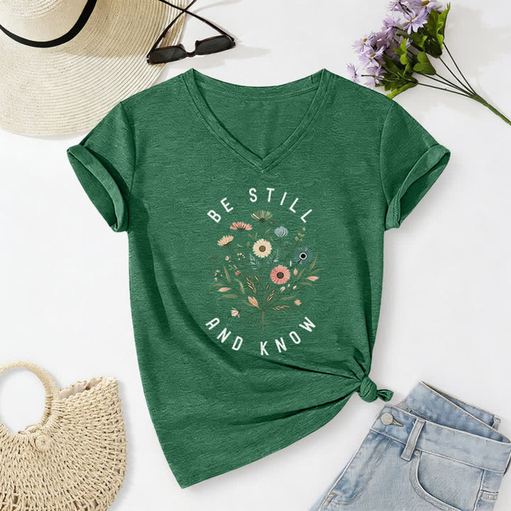 Christianartworkshop Be Still And Know Floral Knot Hem Women's V Neck Tee - Dark Green - 2XL - image 18
