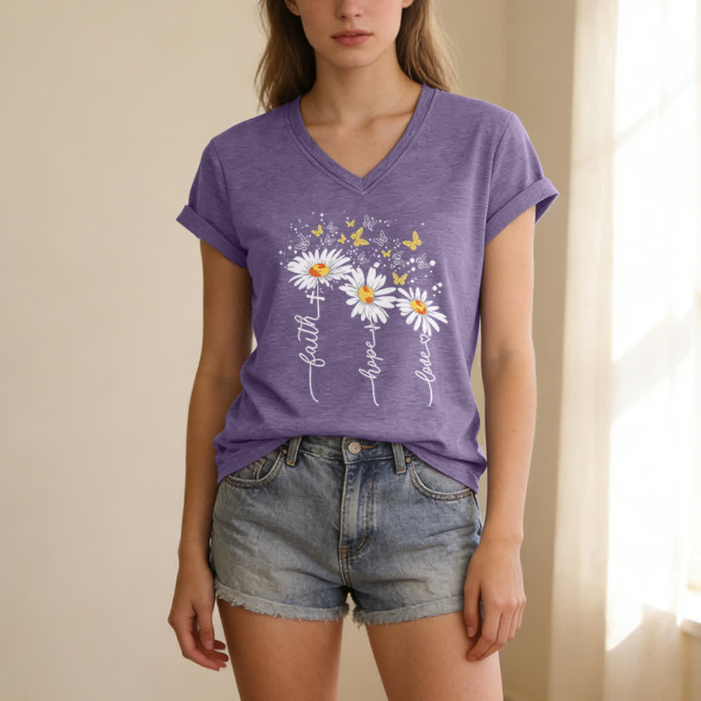 Christianartworkshop Faith Hope Love Daisy Butterfly Women's V Neck Tee - image 15