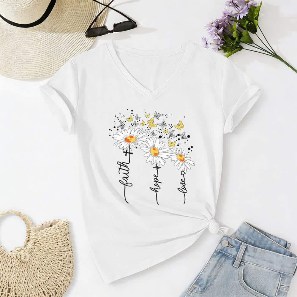 Christianartworkshop Faith Hope Love Daisy Butterfly Women's V Neck Tee - White - 2XL - image 4
