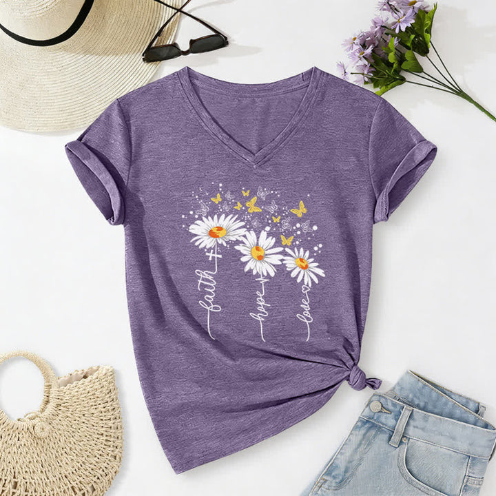 Christianartworkshop Faith Hope Love Daisy Butterfly Women's V Neck Tee - Purple - 2XL - image 14
