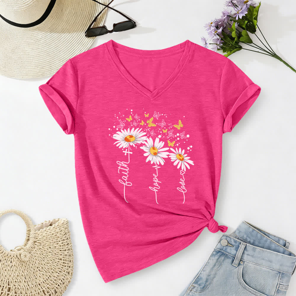 Christianartworkshop Faith Hope Love Daisy Butterfly Women's V Neck Tee - image 12
