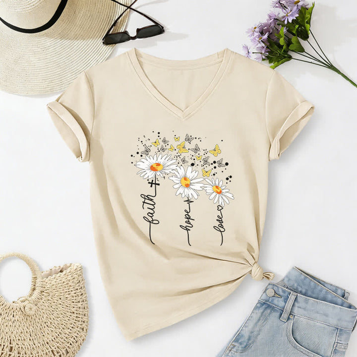 Christianartworkshop Faith Hope Love Daisy Butterfly Women's V Neck Tee - Beige - 2XL - image 16