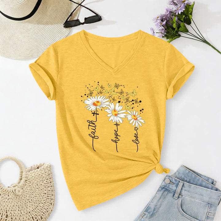 Christianartworkshop Faith Hope Love Daisy Butterfly Women's V Neck Tee - Yellow - 2XL - image 20