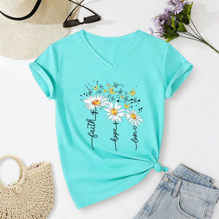 Christianartworkshop Faith Hope Love Daisy Butterfly Women's V Neck Tee - Blue - 2XL - image 22