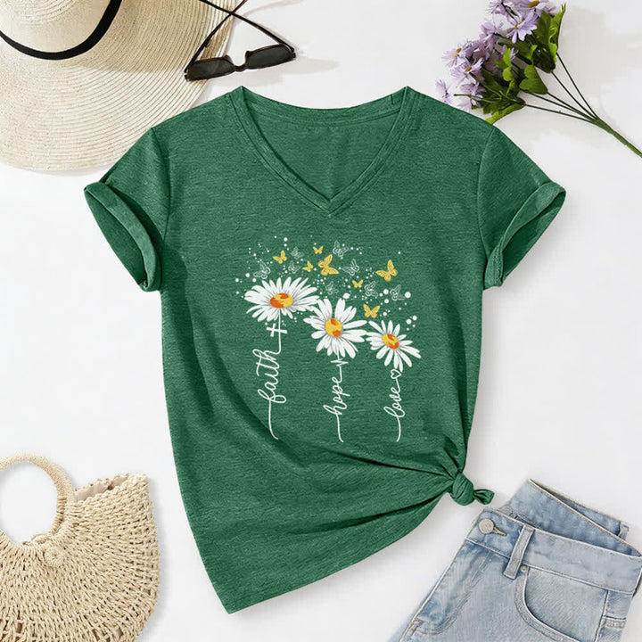 Christianartworkshop Faith Hope Love Daisy Butterfly Women's V Neck Tee - Green - 2XL - image 0