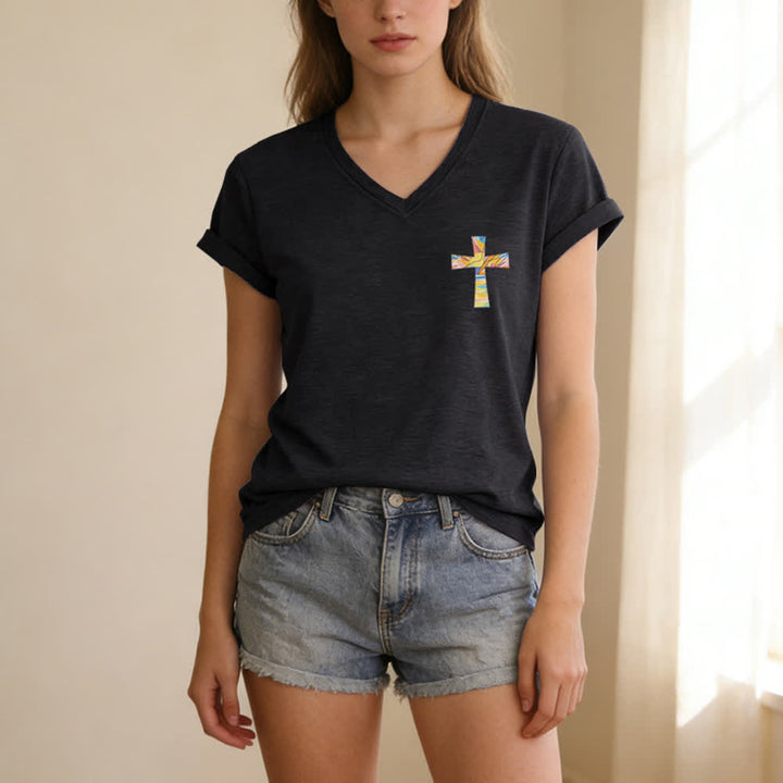 Christianartworkshop Grace Cross Rolled Sleeve Knot Hem Women's V Neck Tee - image 5