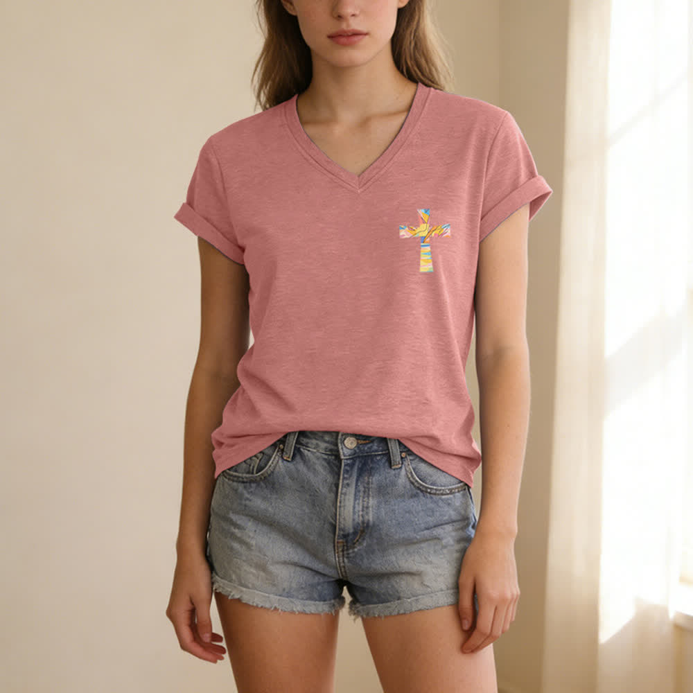 Christianartworkshop Grace Cross Rolled Sleeve Knot Hem Women's V Neck Tee - image 23