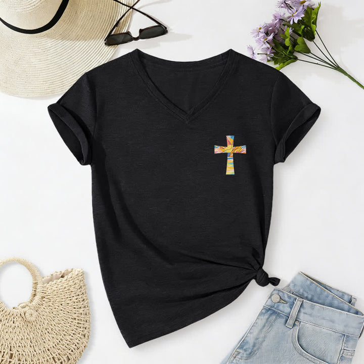 Christianartworkshop Grace Cross Rolled Sleeve Knot Hem Women's V Neck Tee - image 2