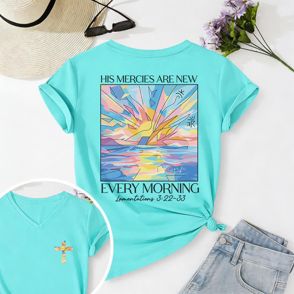 Christianartworkshop Grace Cross Rolled Sleeve Knot Hem Women's V Neck Tee - Blue - 2XL - image 6