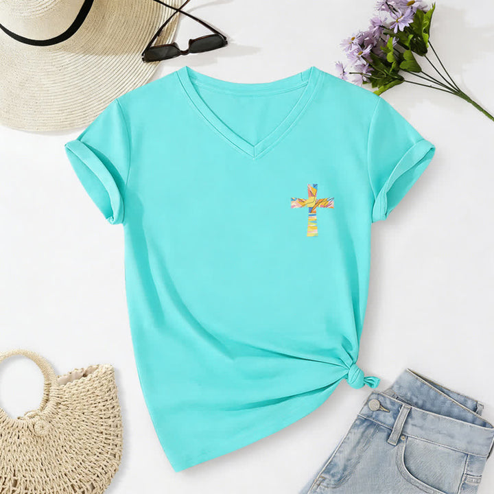 Christianartworkshop Grace Cross Rolled Sleeve Knot Hem Women's V Neck Tee - image 8