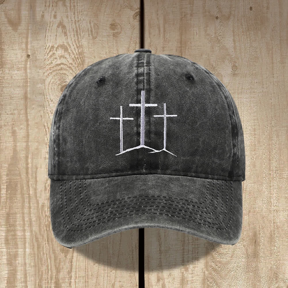 Christianartworkshop Three Crosses Faith Embroidery Classic Washed Hat - Black - image 2