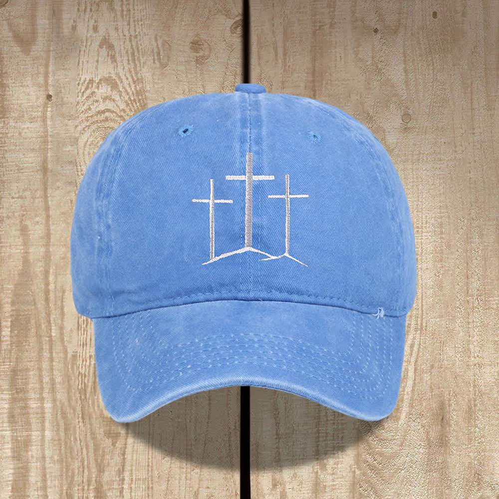 Christianartworkshop Three Crosses Faith Embroidery Classic Washed Hat - Sky Blue - image 11