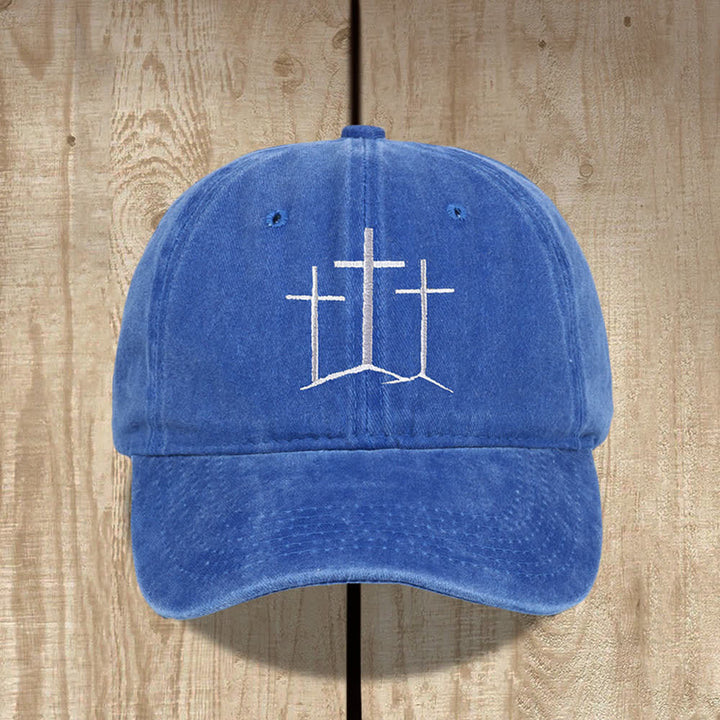 Christianartworkshop Three Crosses Faith Embroidery Classic Washed Hat - Royal Blue - image 12