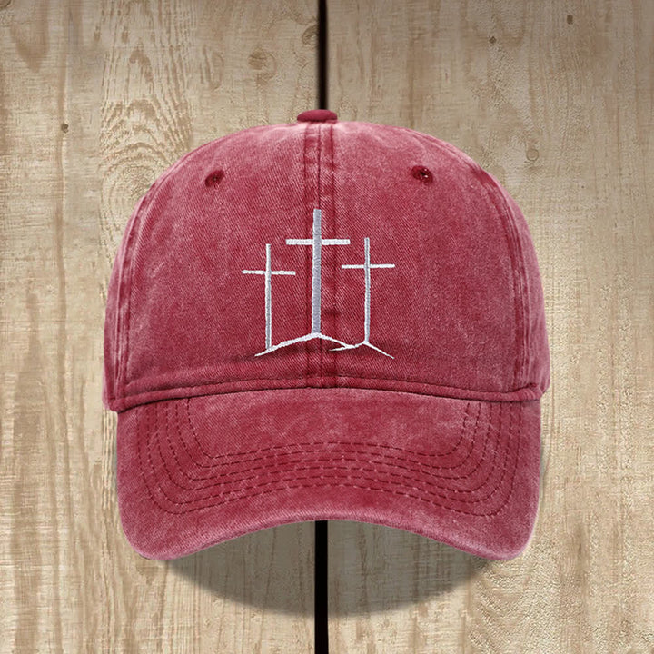 Christianartworkshop Three Crosses Faith Embroidery Classic Washed Hat - Wine - image 5
